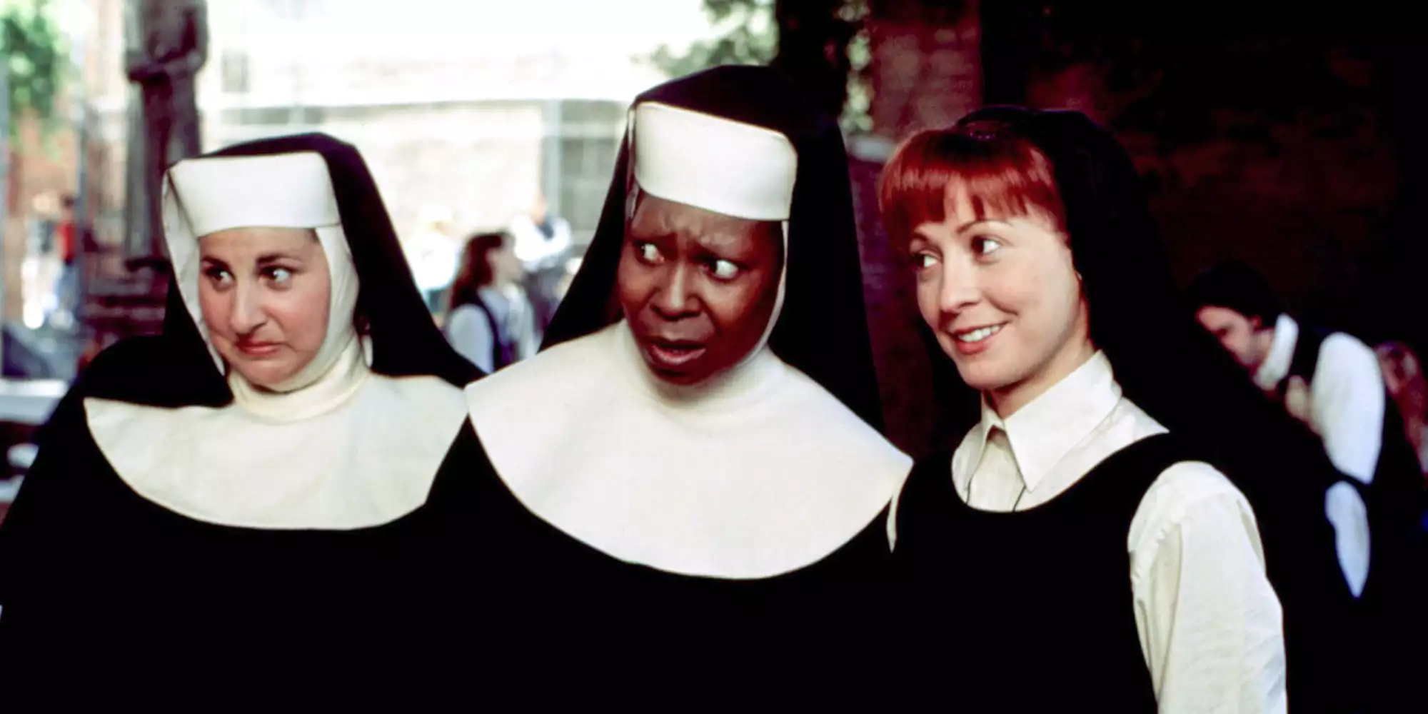 Screengrab from the 1992 film Sister Act, depicting (L to R) Kathy Najimy, Whoopi Goldberg, and Wendy Makkena