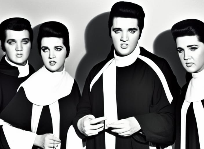 An AI-generated black-and-white photorealistic image of four nuns, all with the face of Elvis Presley.